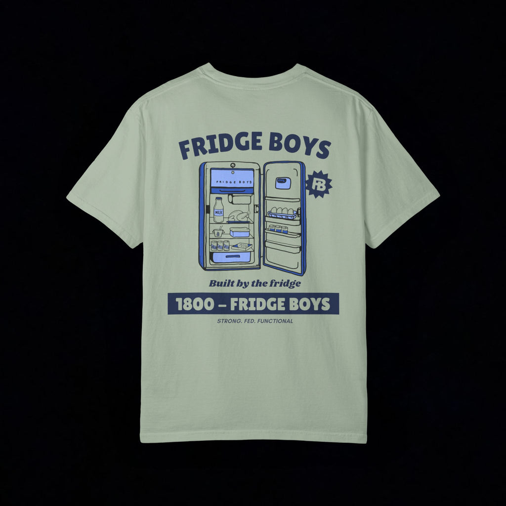 Light green-shirt with 'Fridge Boys' graphic on a black background