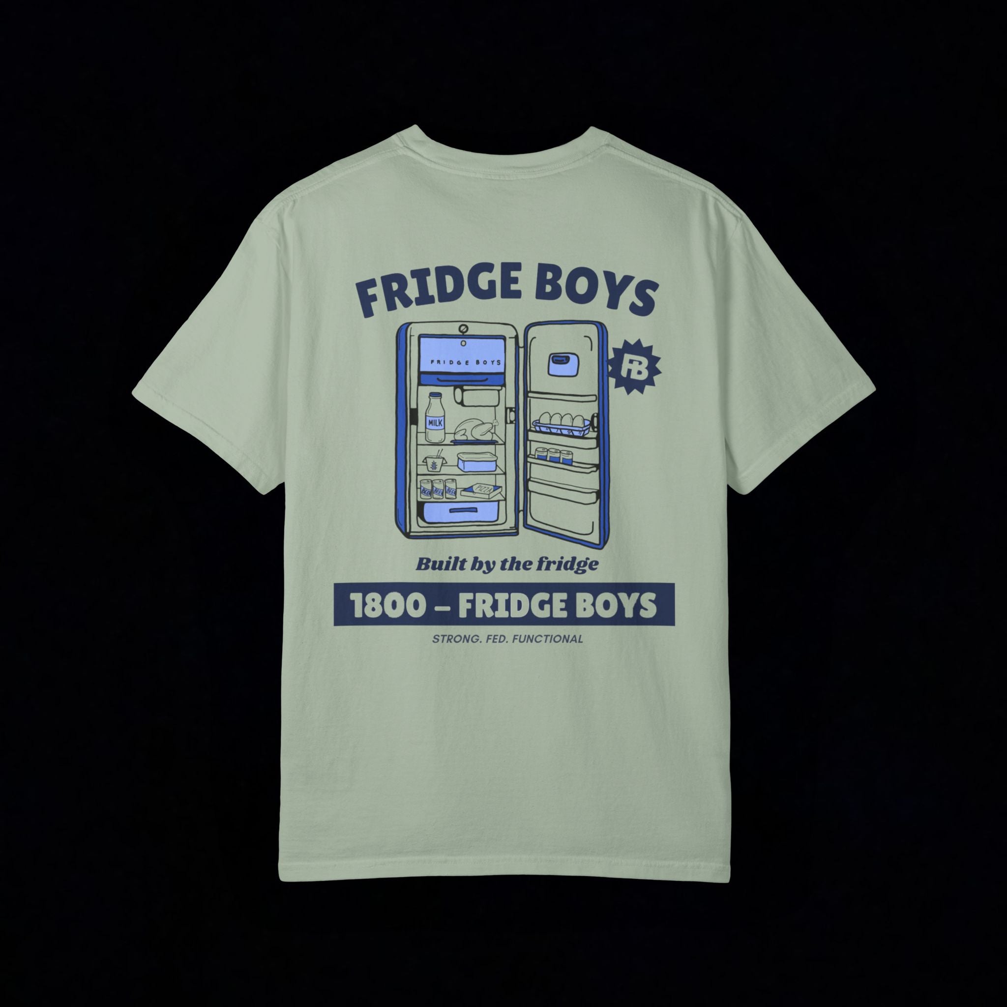 Light green-shirt with 'Fridge Boys' graphic on a black background