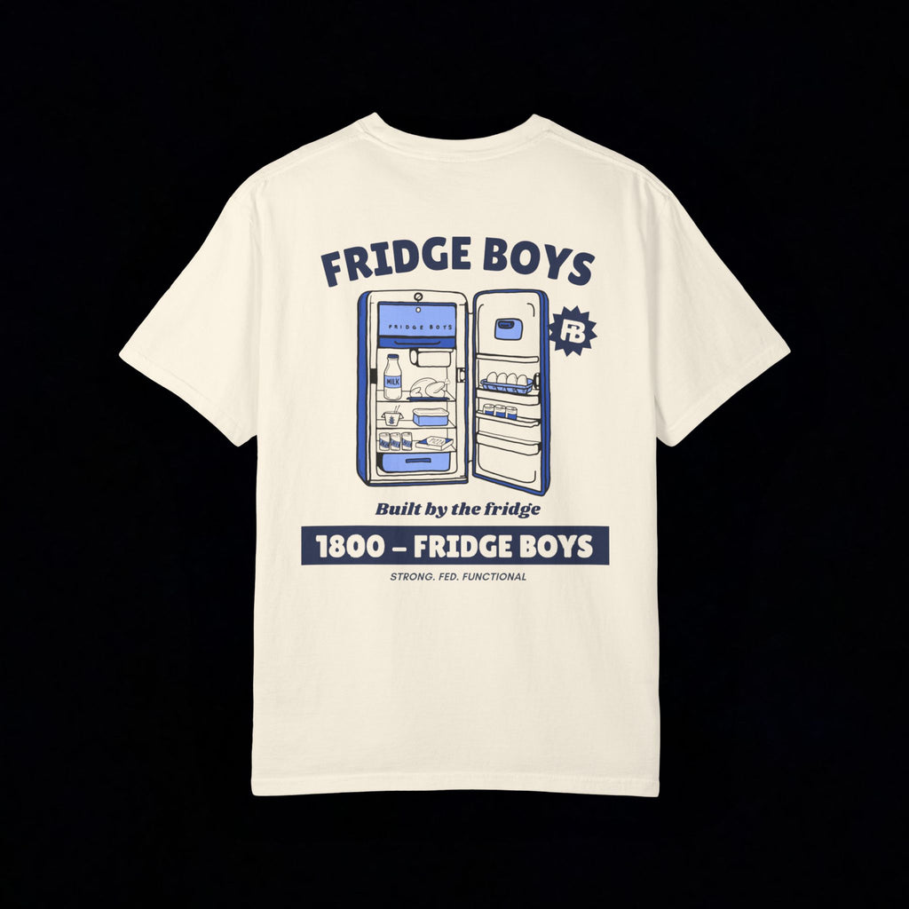 ivoryt-shirt with a graphic of an open refrigerator and text on a black background