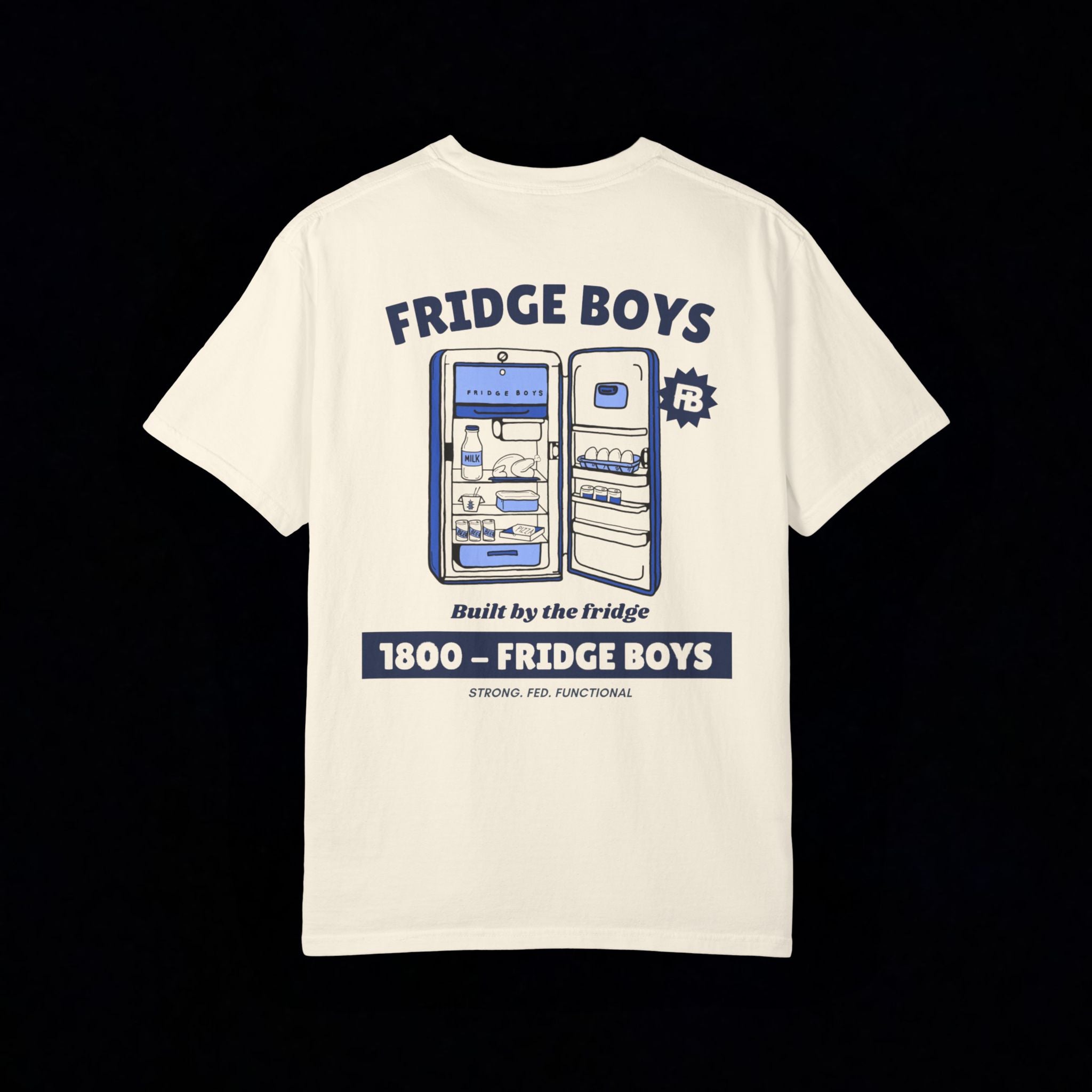 ivoryt-shirt with a graphic of an open refrigerator and text on a black background
