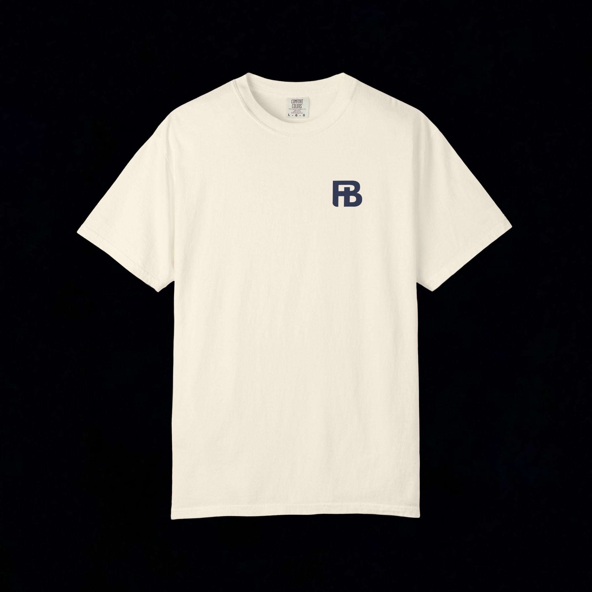 ivory t-shirt with a logo on the chest against a black background