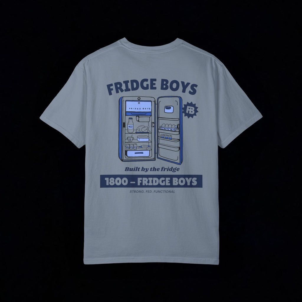 blue t-shirt with 'Fridge Boys' graphic design on a black background