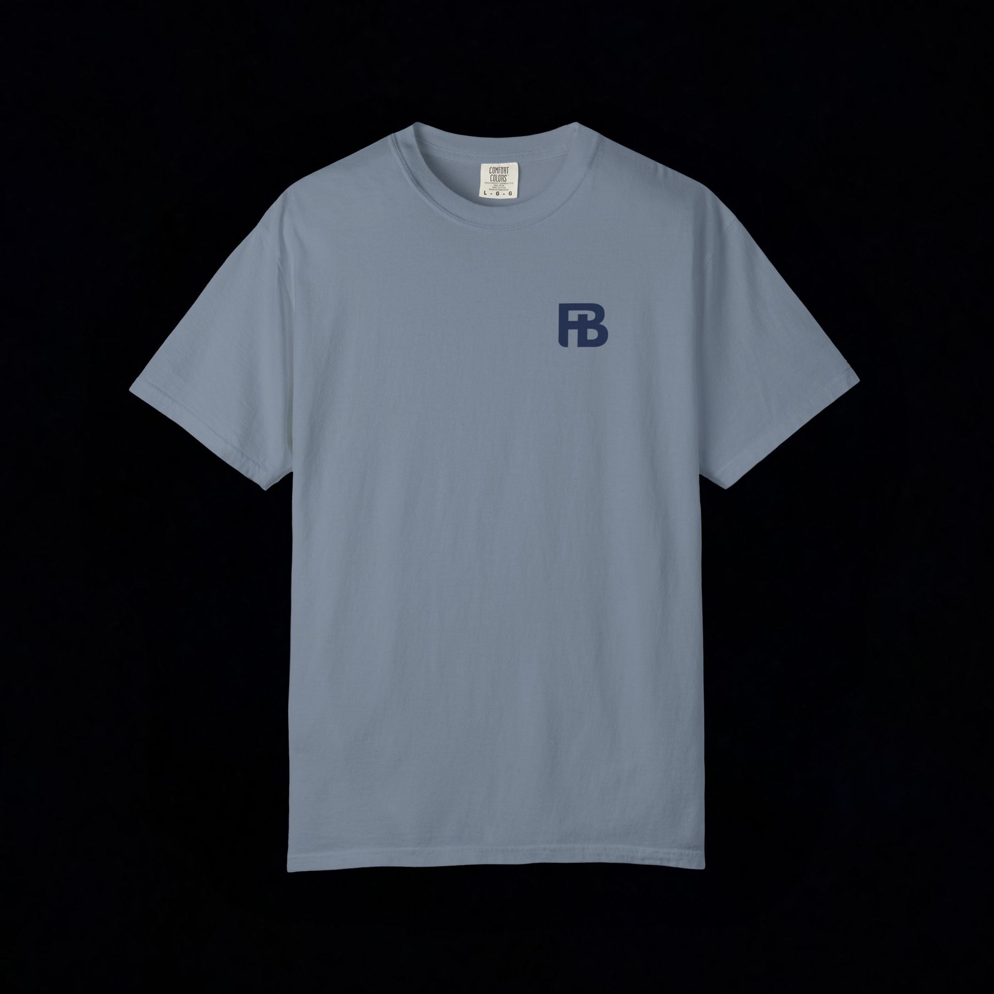 bue t-shirt with a logo on the chest against a black background