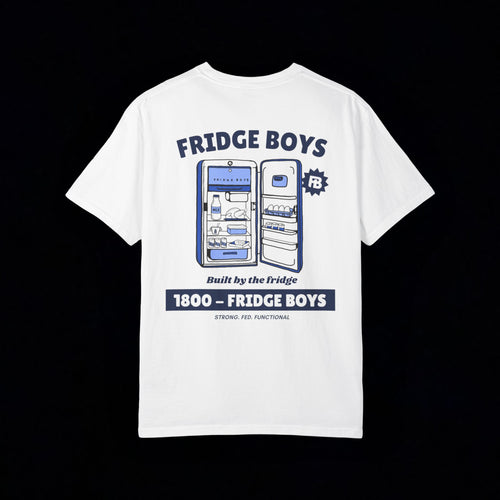 White t-shirt with a graphic of an open refrigerator and text on a black background
