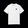 White t-shirt with a small logo on a black background