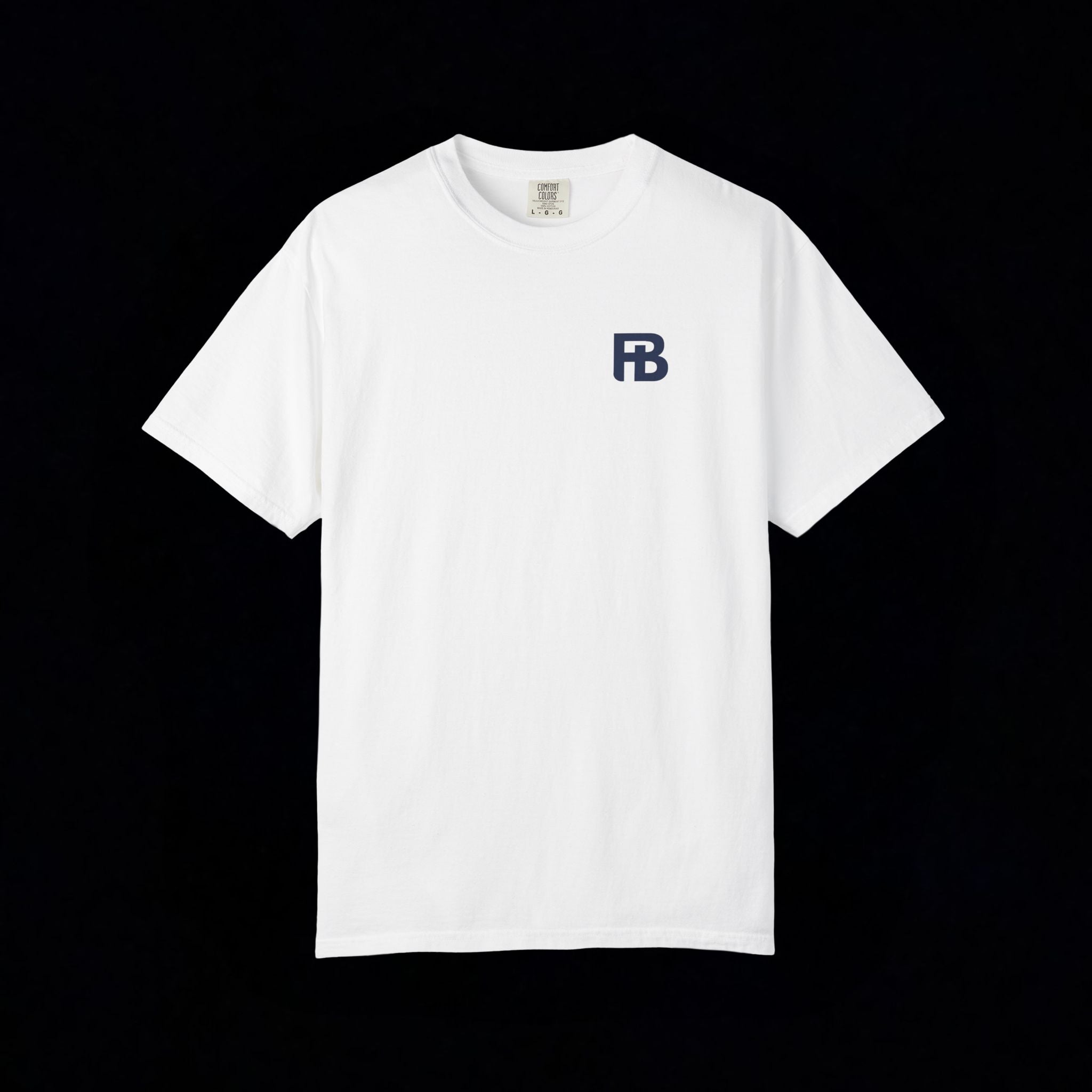 White t-shirt with a small logo on a black background